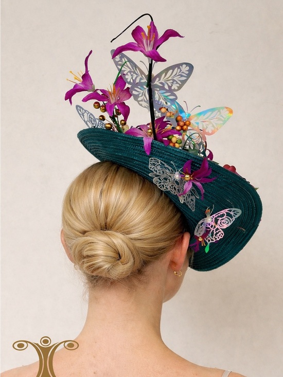 Kentucky Derby Oaks Teal Floral Fascinator Hat with Pink Gold & Purple Accents
